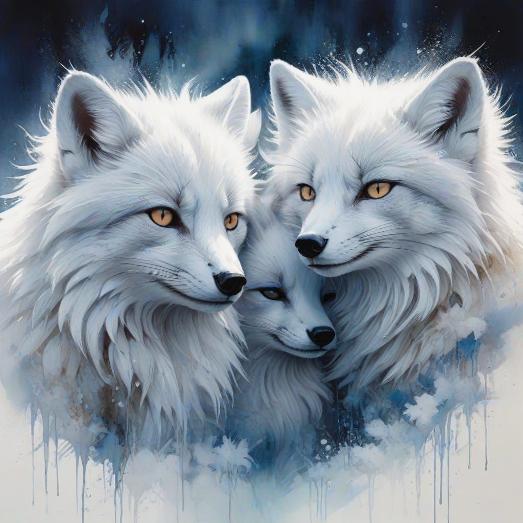 Arctic Foxes Snuggle at Twilight, in Watercolour Style