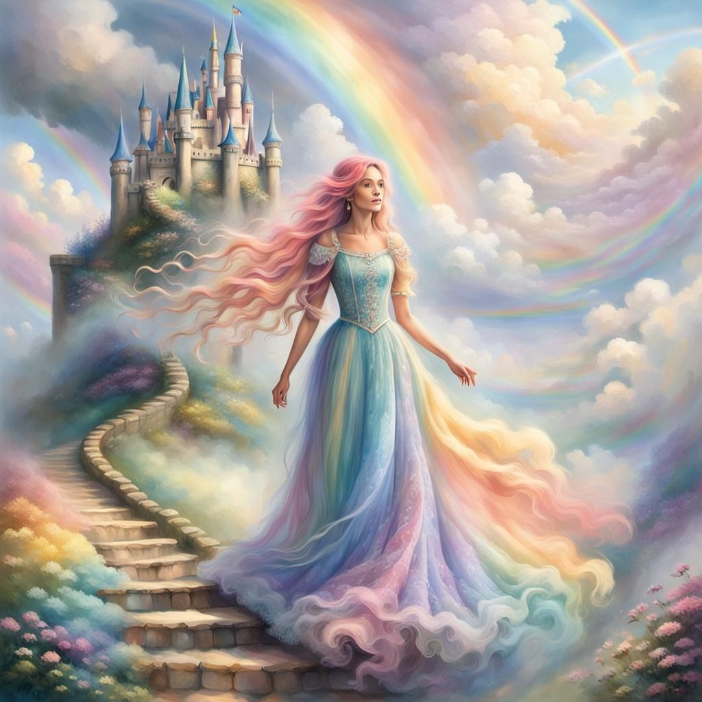 Rainbow Woman Ascends to Cloud Castle in Dreamy Art