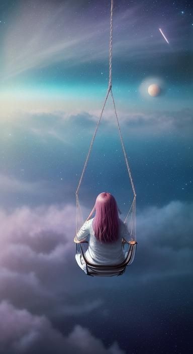 Girl on Swing in Space: a Spacecore Pastel Dream