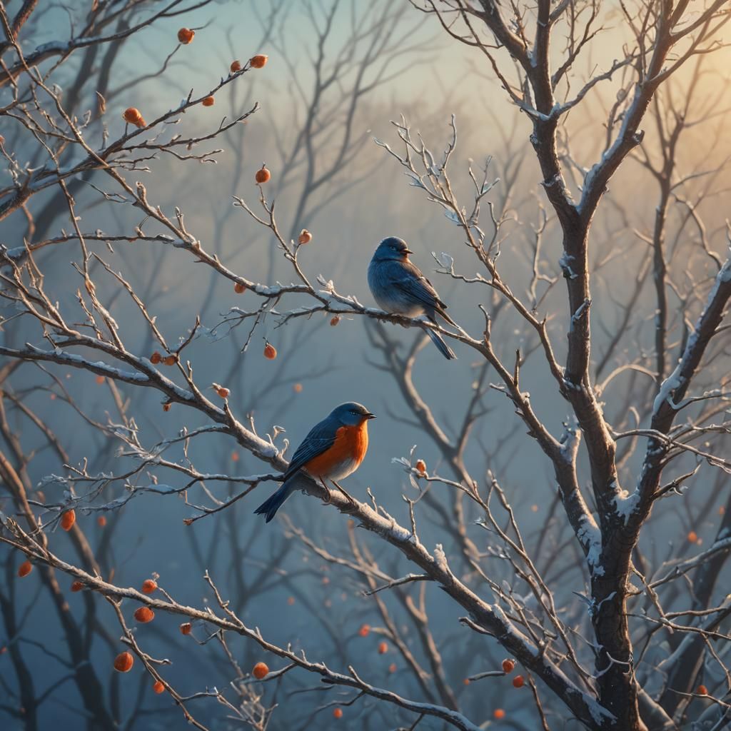 Winter Tree Bird in Romantic Matte Painting Style