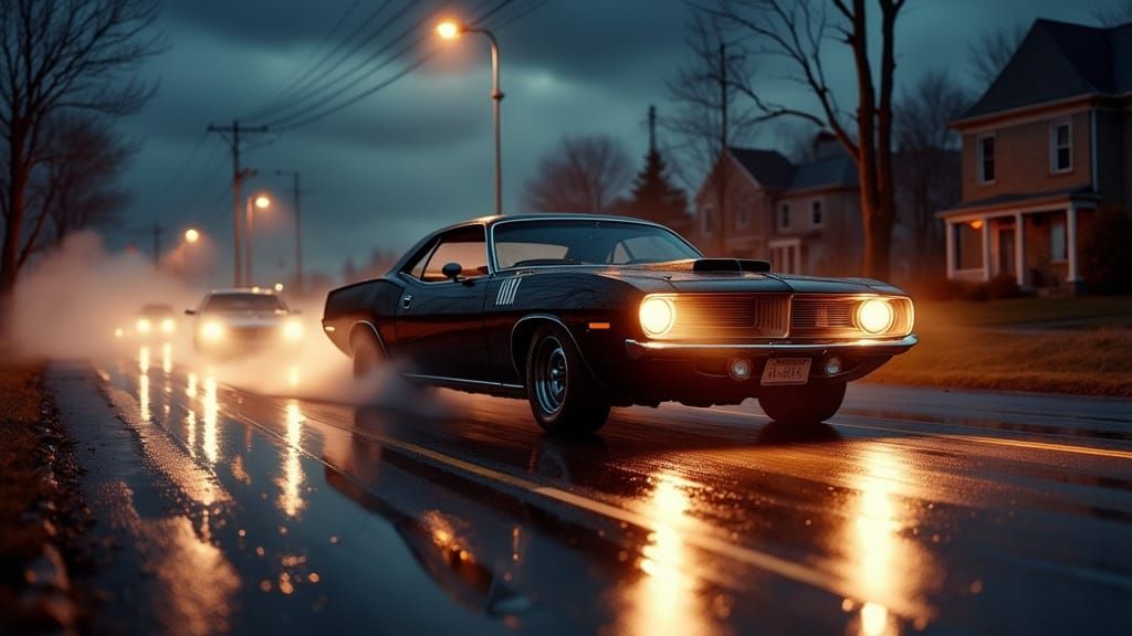 1970 Black Barracuda Drifting at Dusk in Rain
