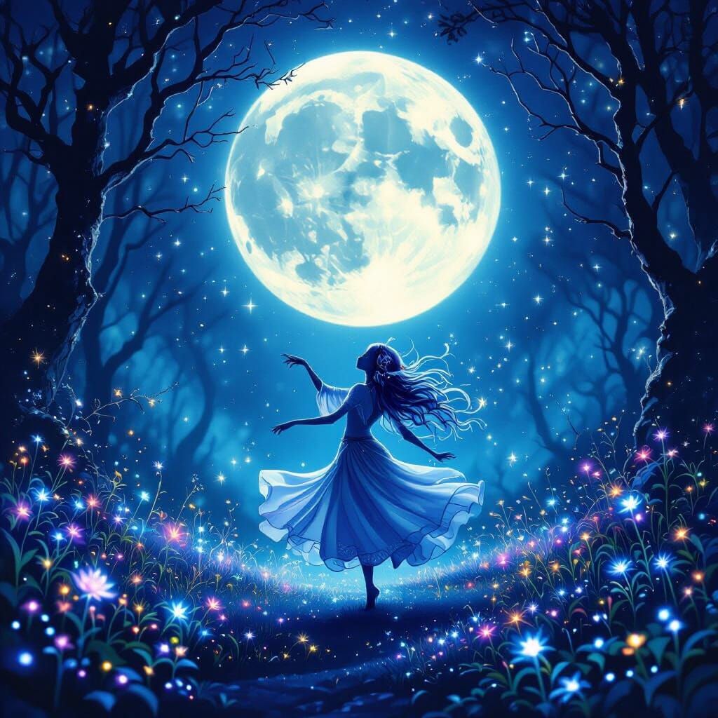 Mystical Creature Dancing Under Bioluminescent Moon