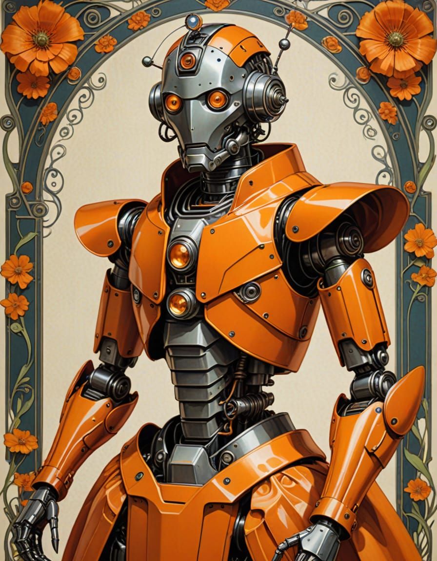 an Art Nouveau robot wearing orange taffeta