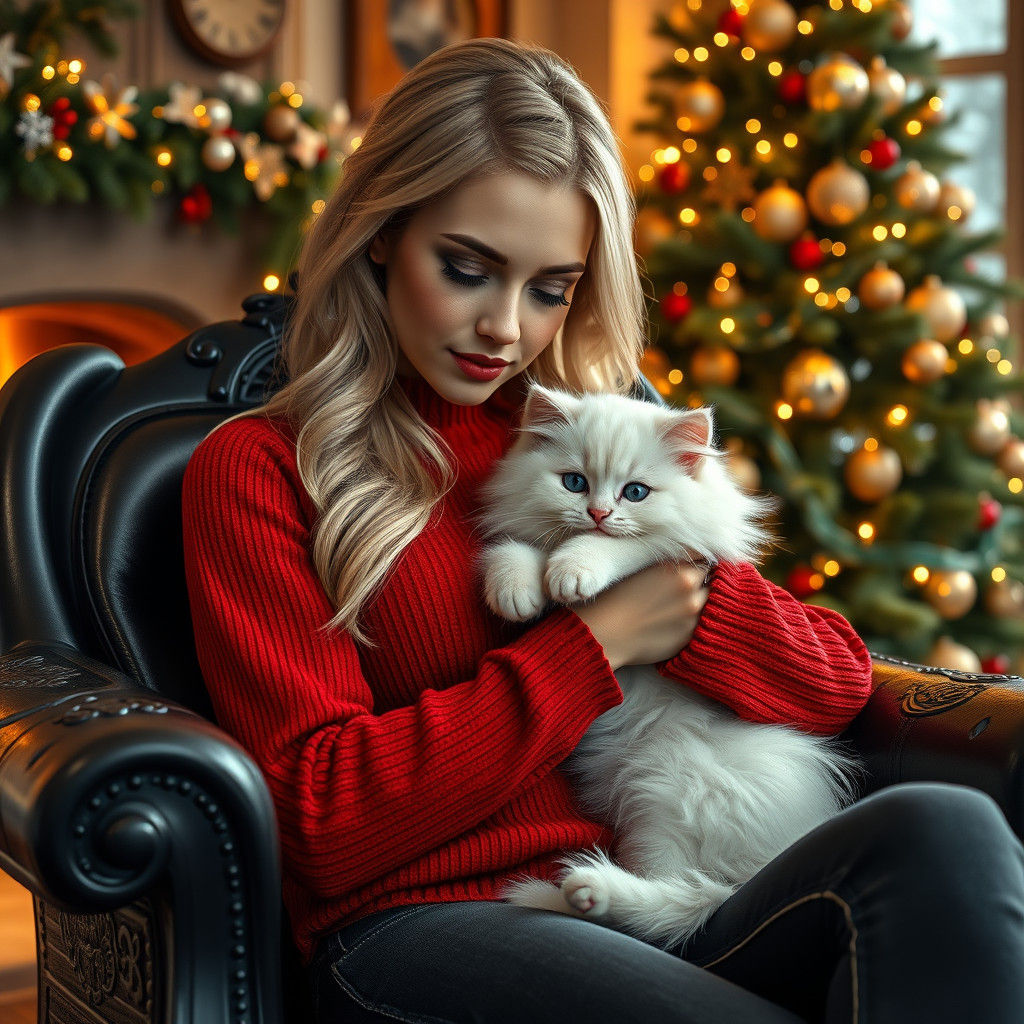 Blonde Woman and Kitten in a Dreamlike Winter Scene