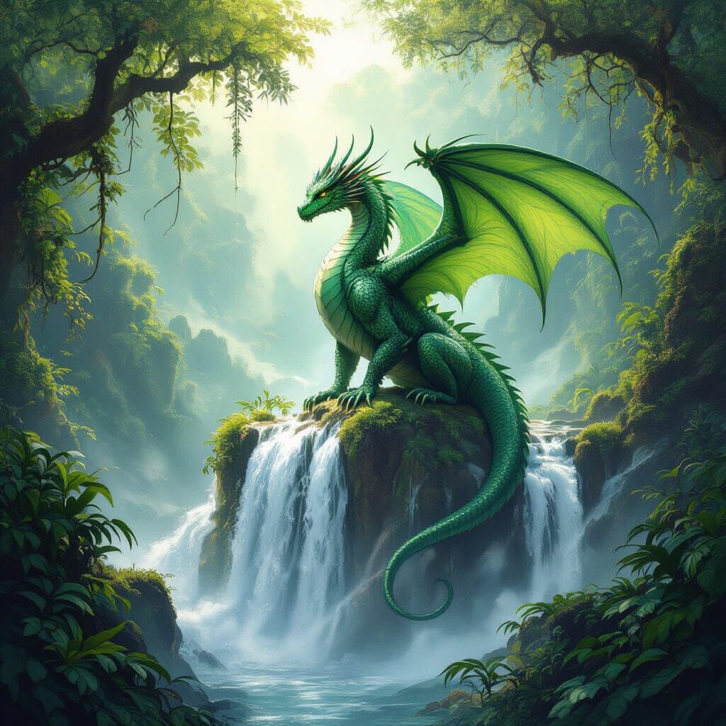 Majestic Emerald Dragon Above Jungle Waterfall