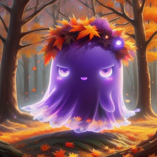 Whimsical Purple & Orange Ghost in Autumn Watercolor