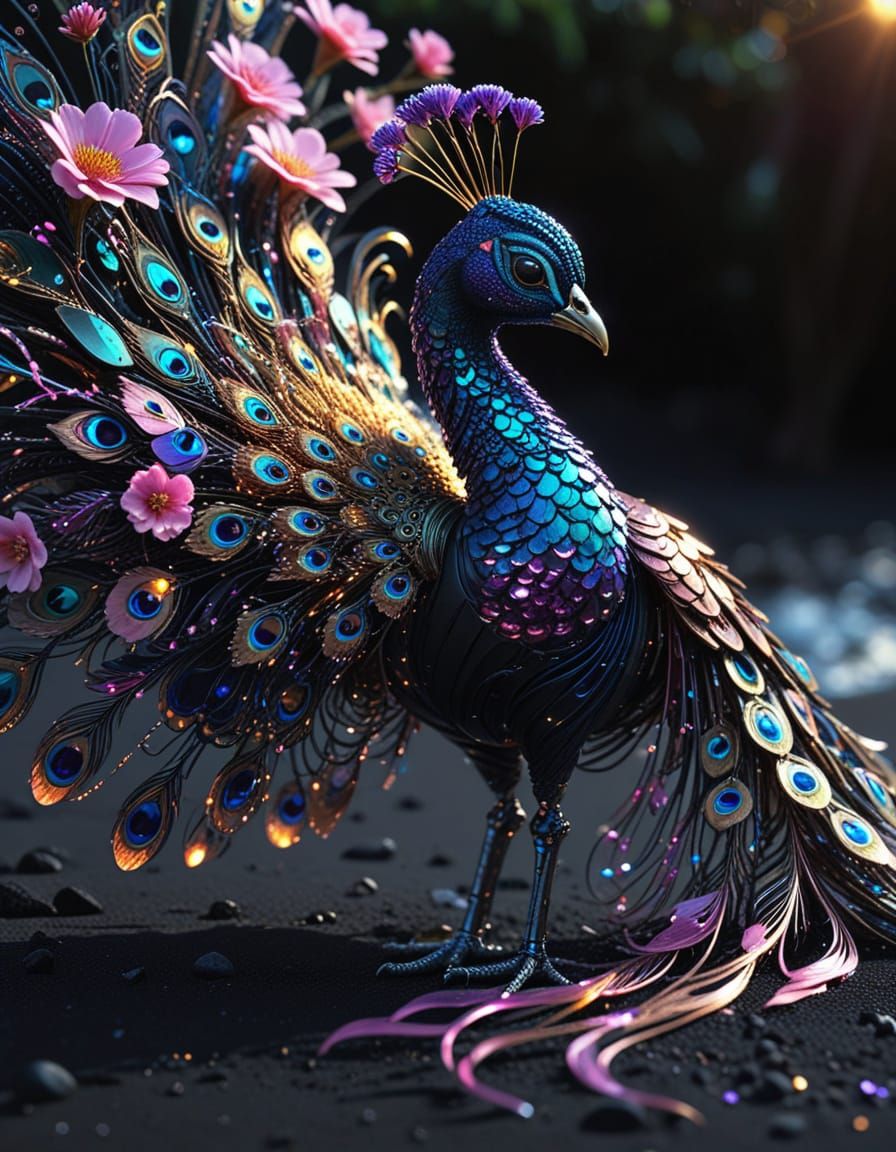 Robotic Peacock Reigns Over Futuristic Beach