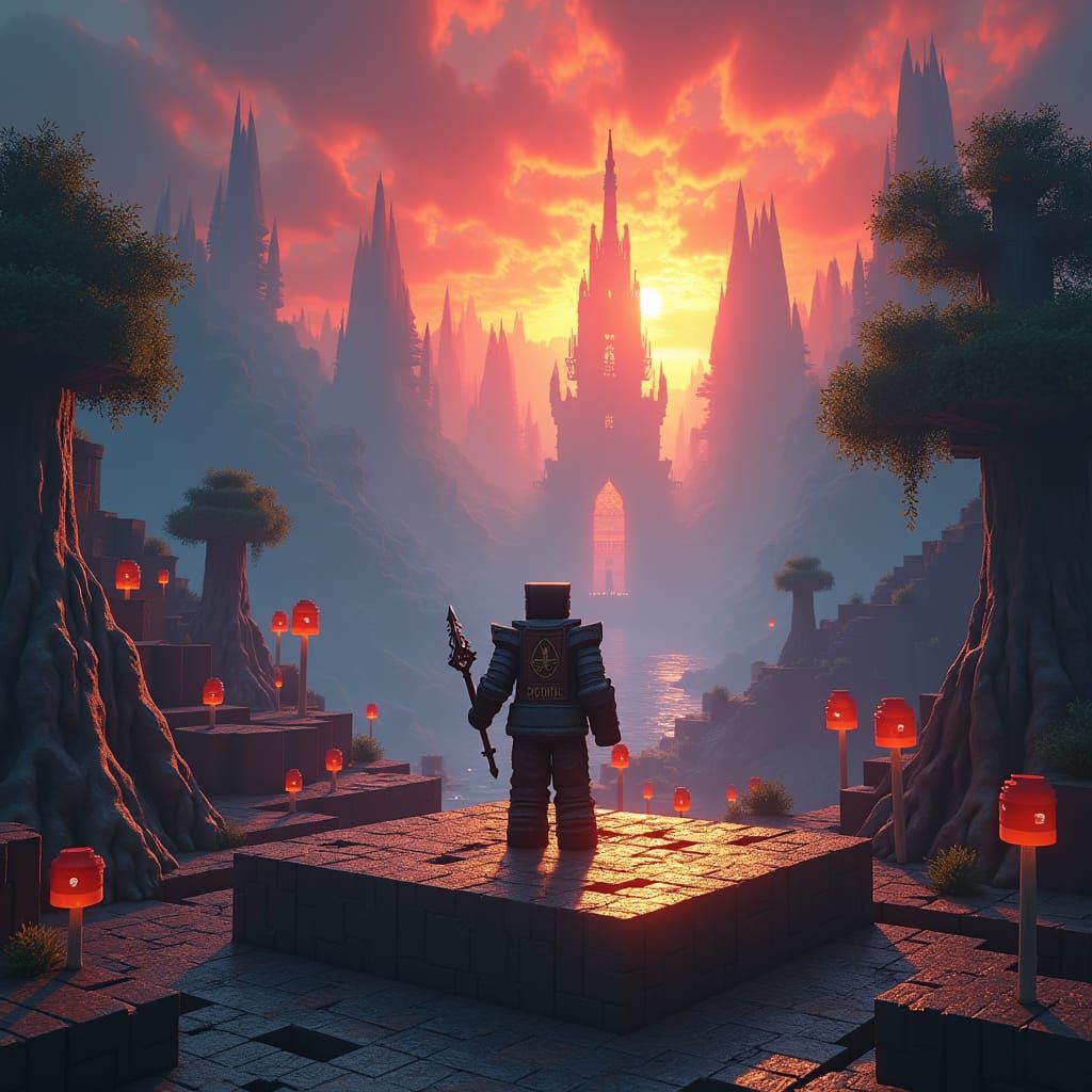 Minecraft Survivor in Blocky Crimson Landscape