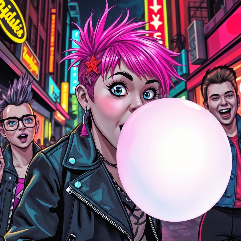 Vibrant 80s Punk Rocker Girl Blows a Bright Pink Bubble