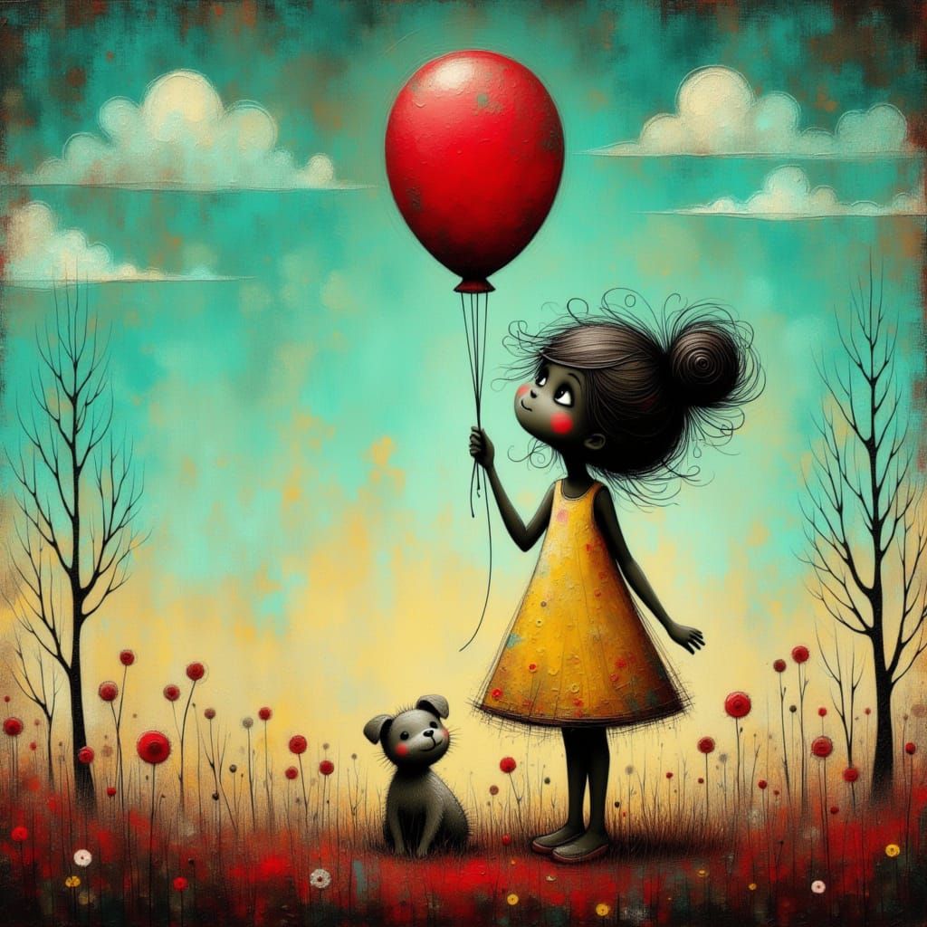 Girl, Puppy and Balloon in Banksy Stencil Style