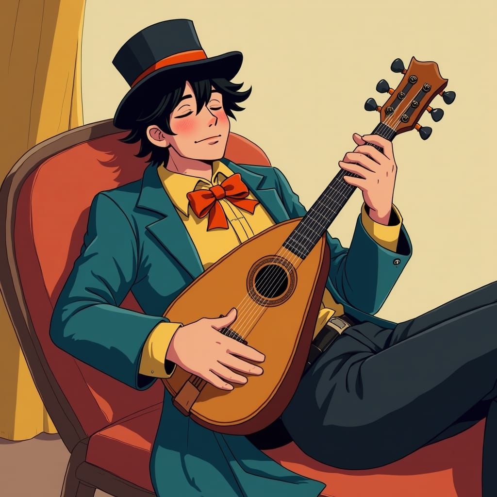 Musician Playing Lute in Flat Color Style
