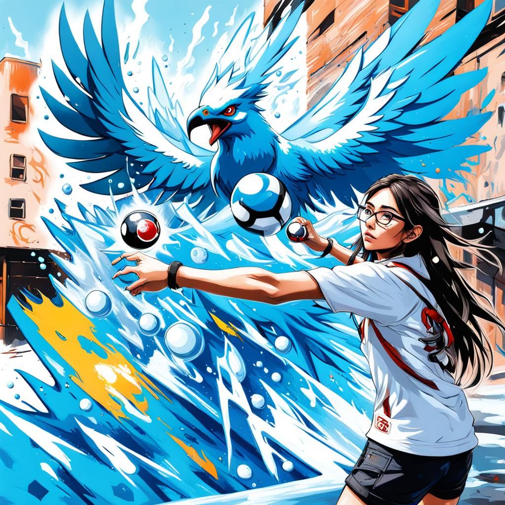 Girl Throws Pokeball in Graffiti Street Art Style