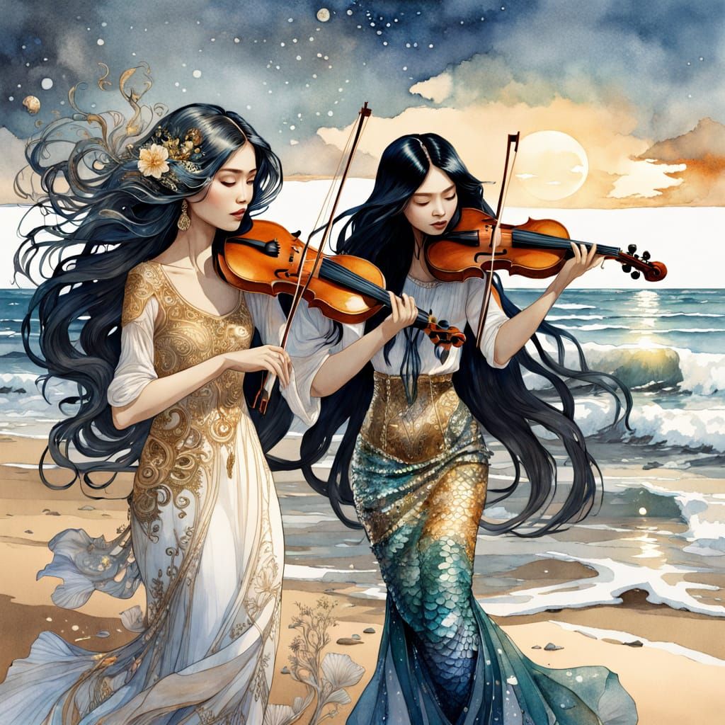 Glamorous Mermaid Learns to Play the Violin under Golden Hou...