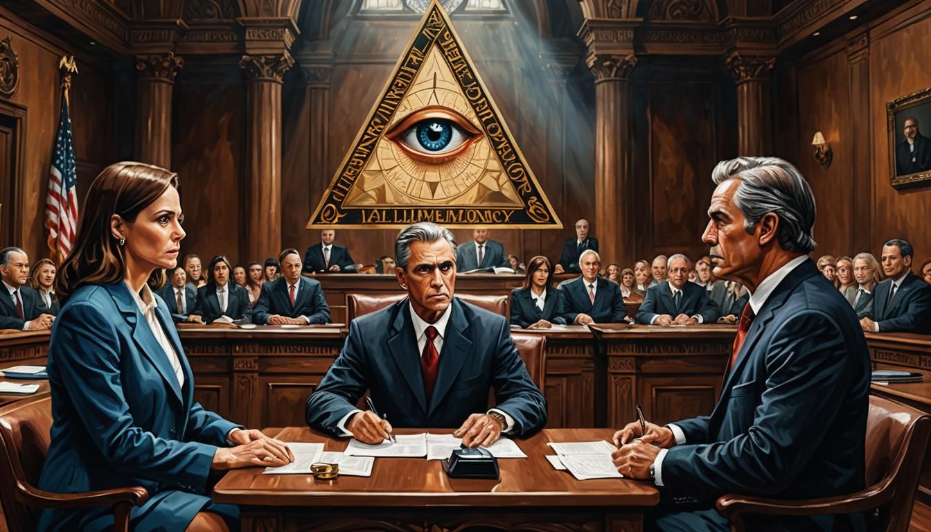 Courtroom Alimony Dispute with All-Seeing Eye, Matte Paintin...
