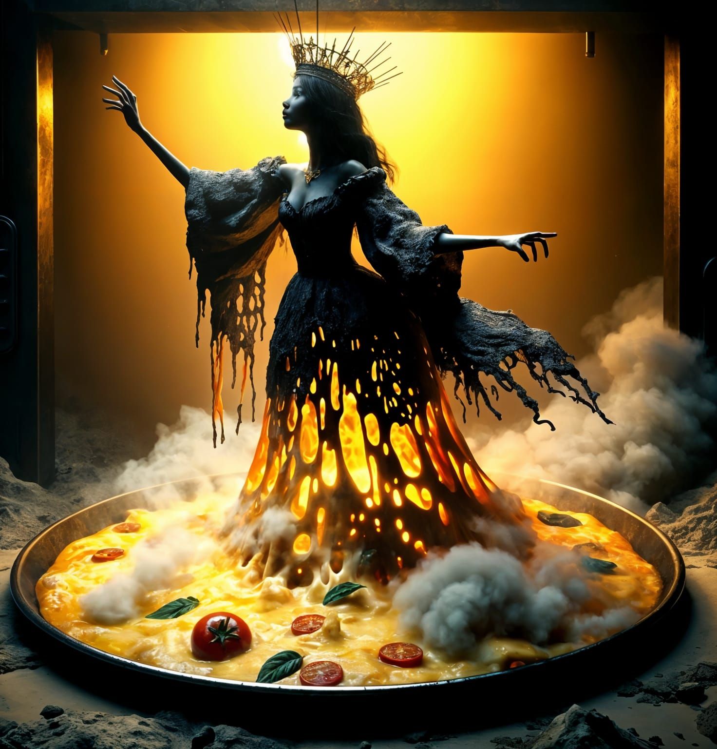 Cheese Crowned Girl in Smokey Oven: 3D Render
