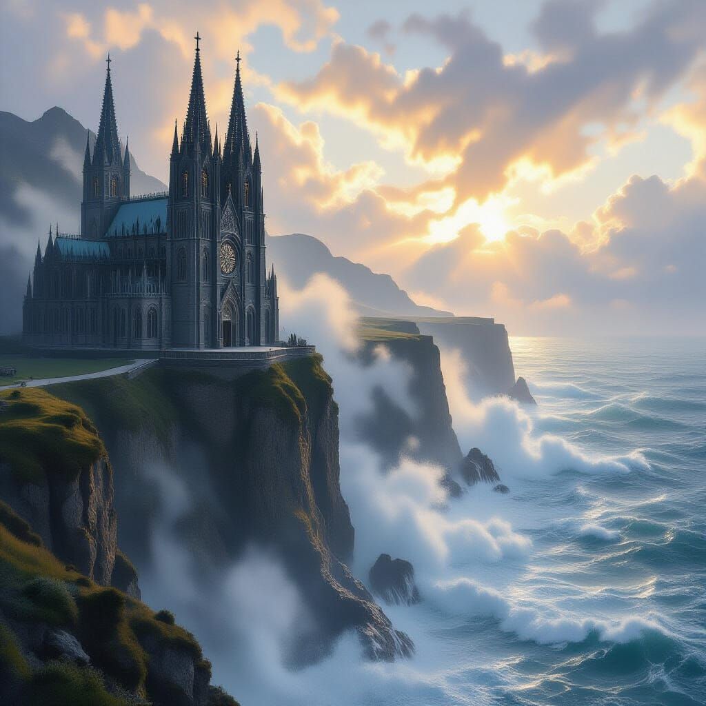 Gothic Cathedral on Windswept Cliff in Hyperrealistic Style