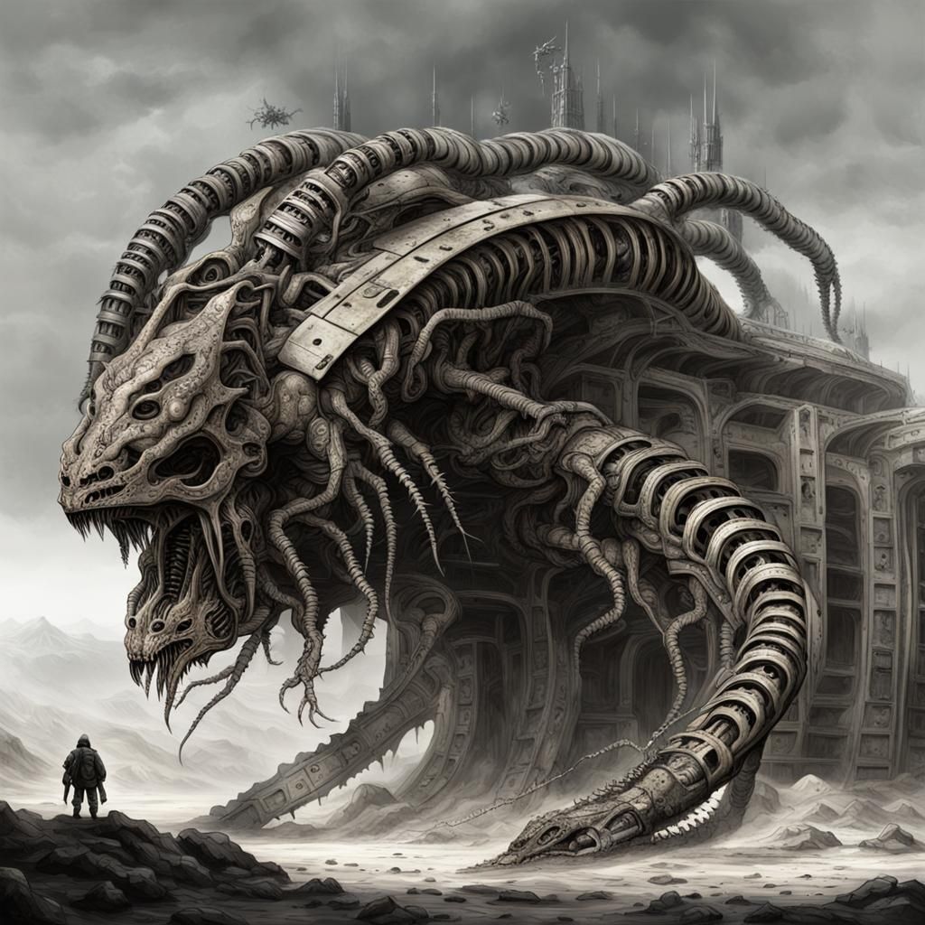 Demonic Centipede Hydra in Corroded Biomechanical Style