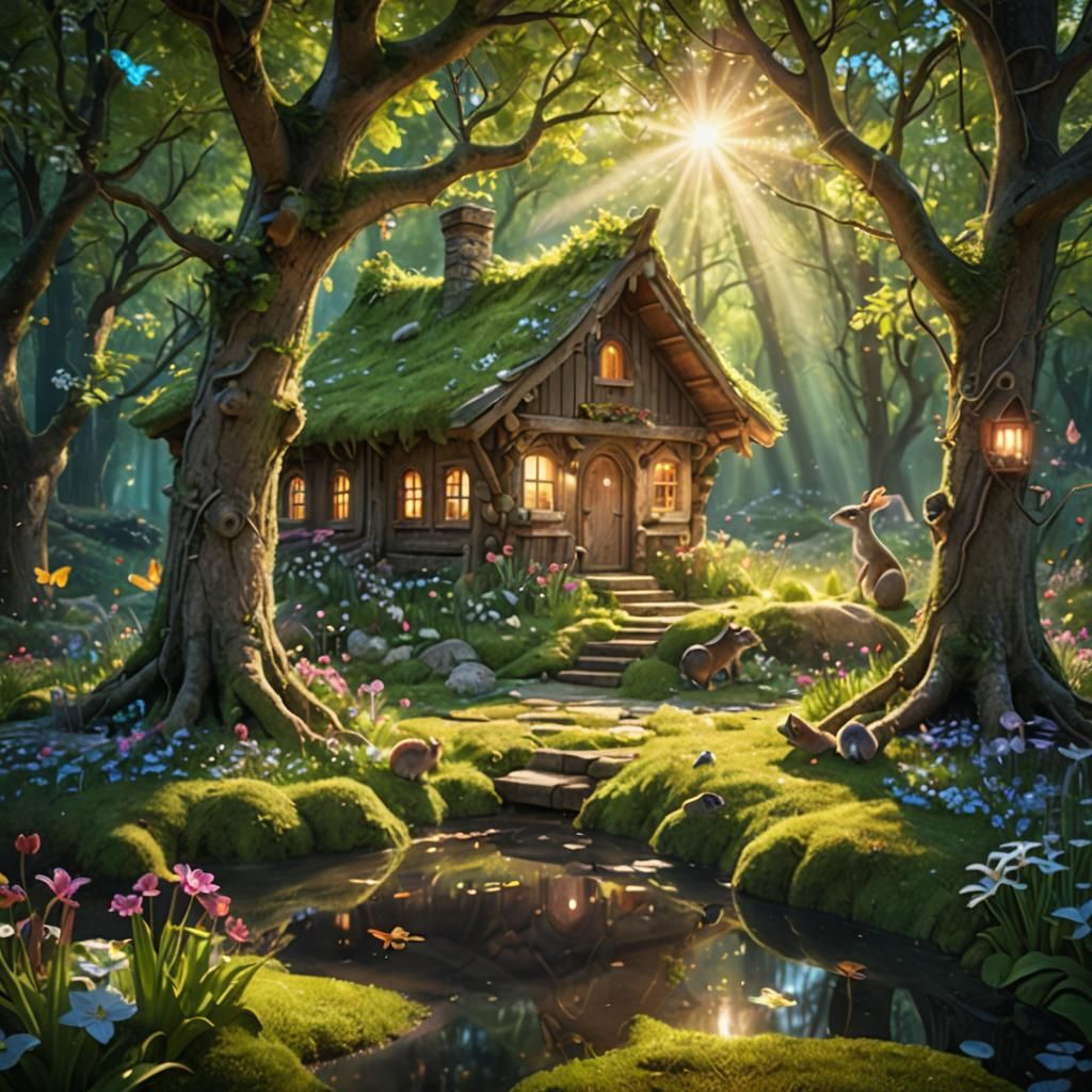 Enchanted Forest Cabin with Glittering Dust: 3D Render