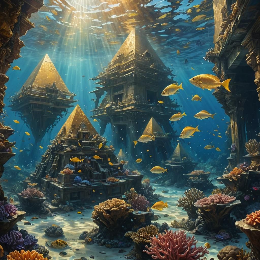 Underwater Golden Pyramids in Surreal Oil Painting