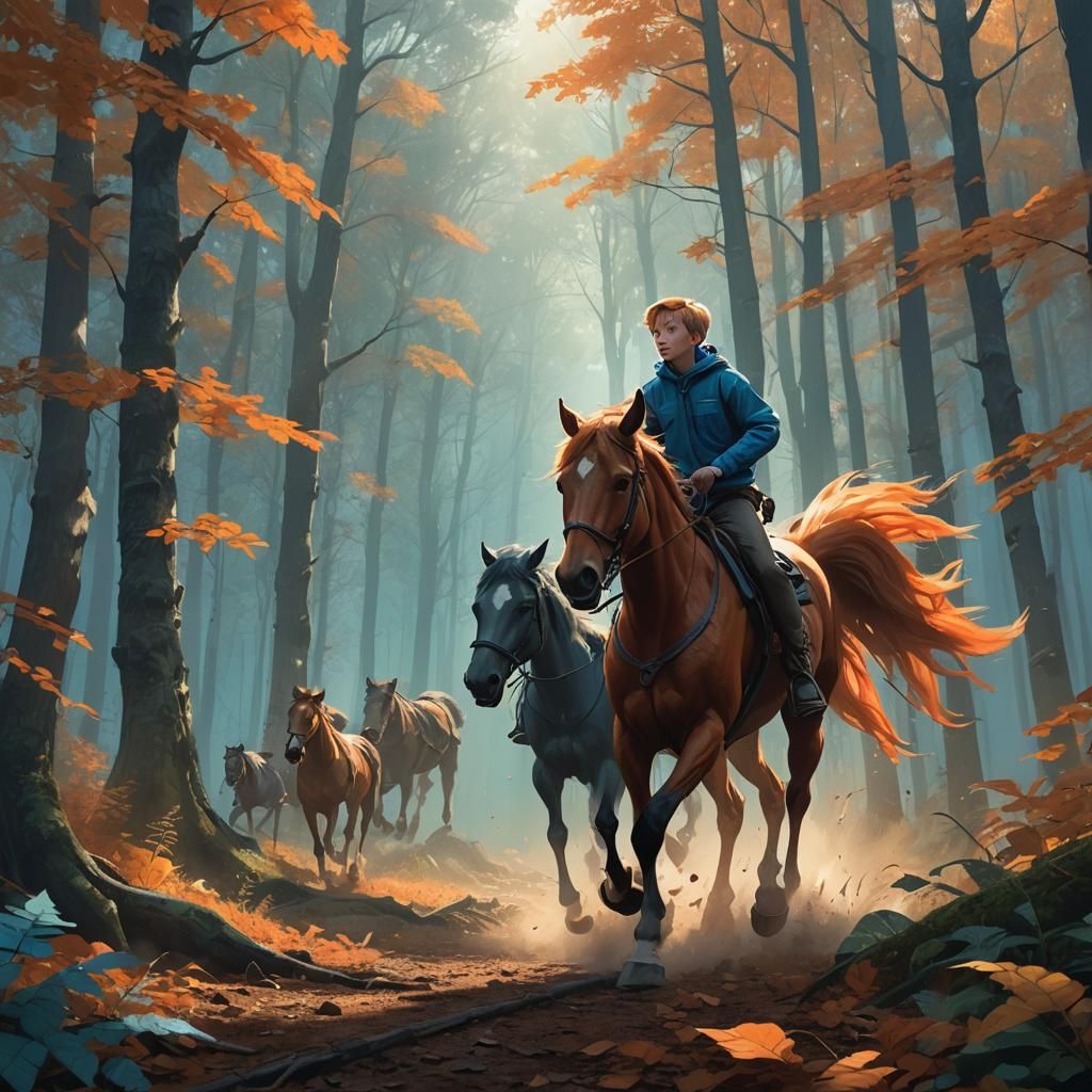 Boy Races Horse with Forest Animals: Fantasy Art