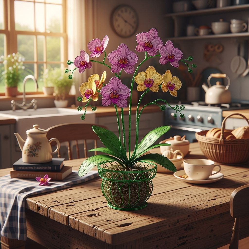 Whimsical Wire Orchid Sculpture in Surrealist Style