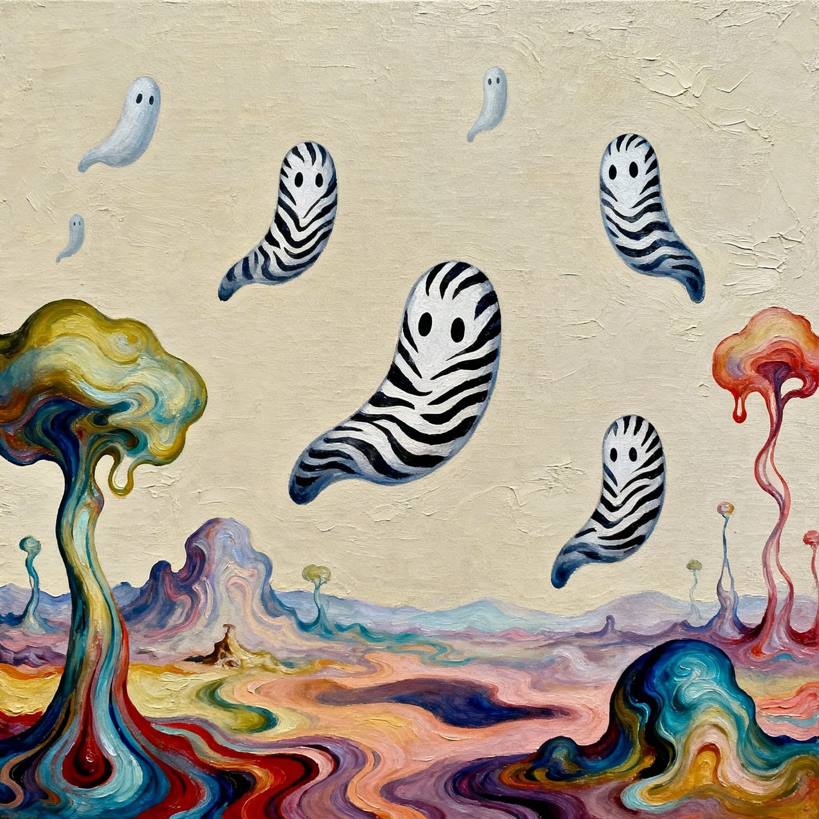 Cute Zebra Striped Ghosts in Surrealist Melting Landscape
