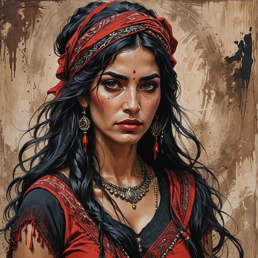 Gypsy Woman in Red: Impressionist Digital Painting