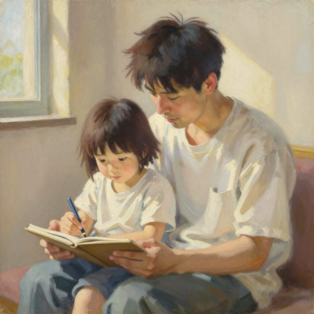 Father and Child Drawing Together in Fine Art Oil Style