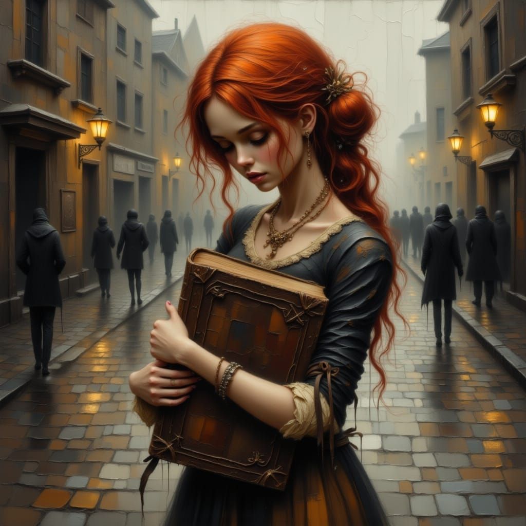 Woman with Book on Misty Street, Atmospheric Rendering