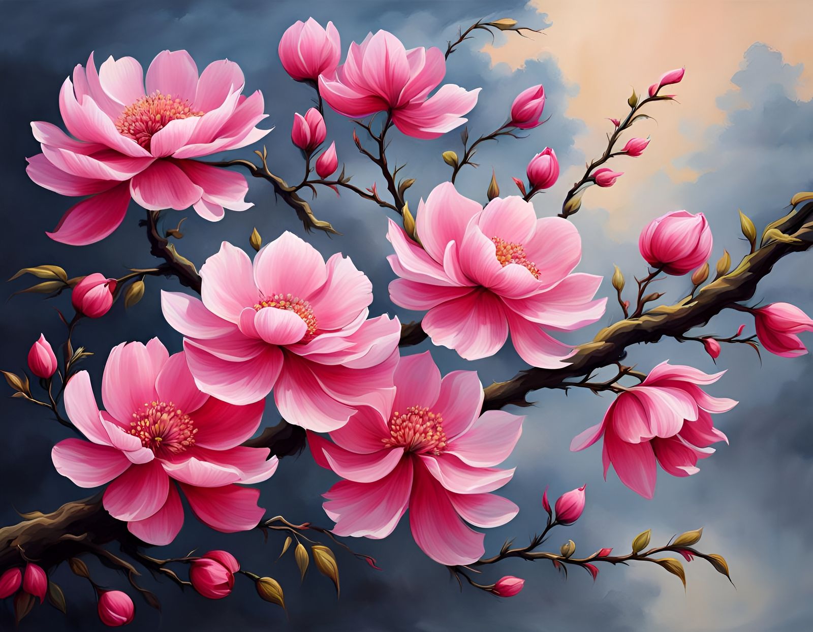 Pink Cherry Blossoms Digital Painting in Chinese Style
