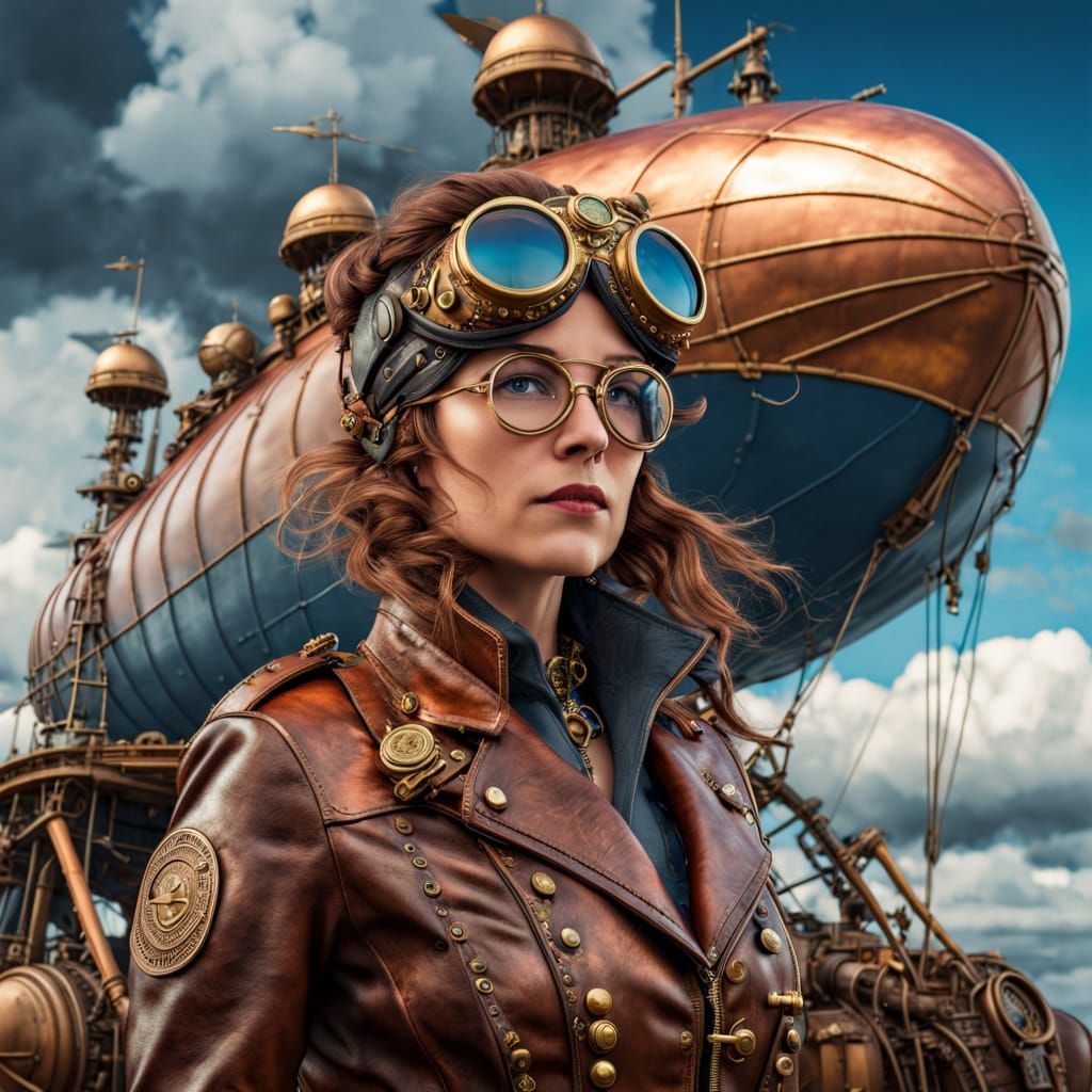 Steampunk Aviator and Brass Airship Under Stormy Sky