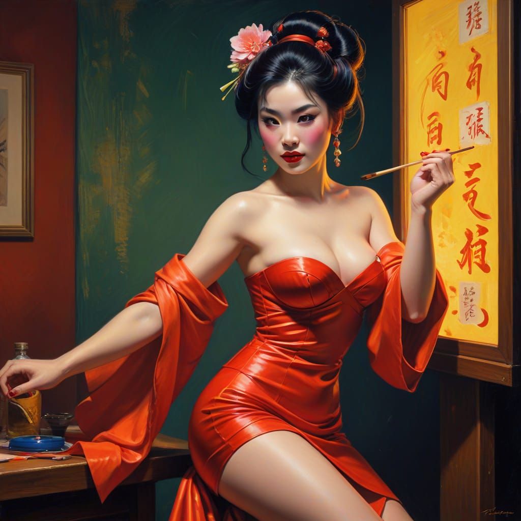 Geisha with Impasto Brushstrokes and Hyperreal Colors