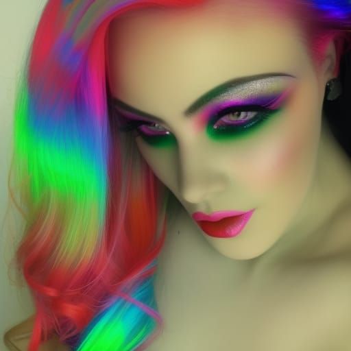 Ethereal Aries young lady with beautiful long red holographic hair with hot pink holographic hair highlights& green eyes...