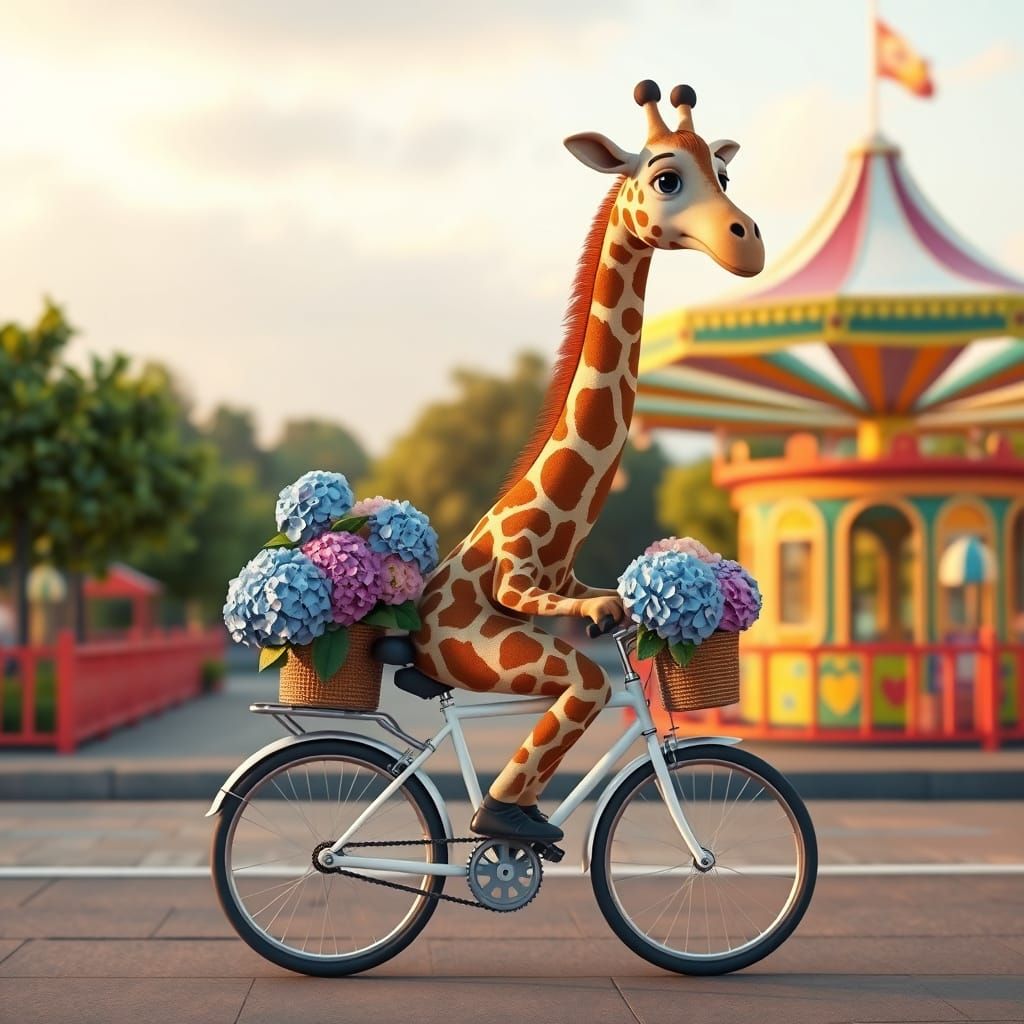 Giraffe Rides Bicycle Through Children's Amusement Park