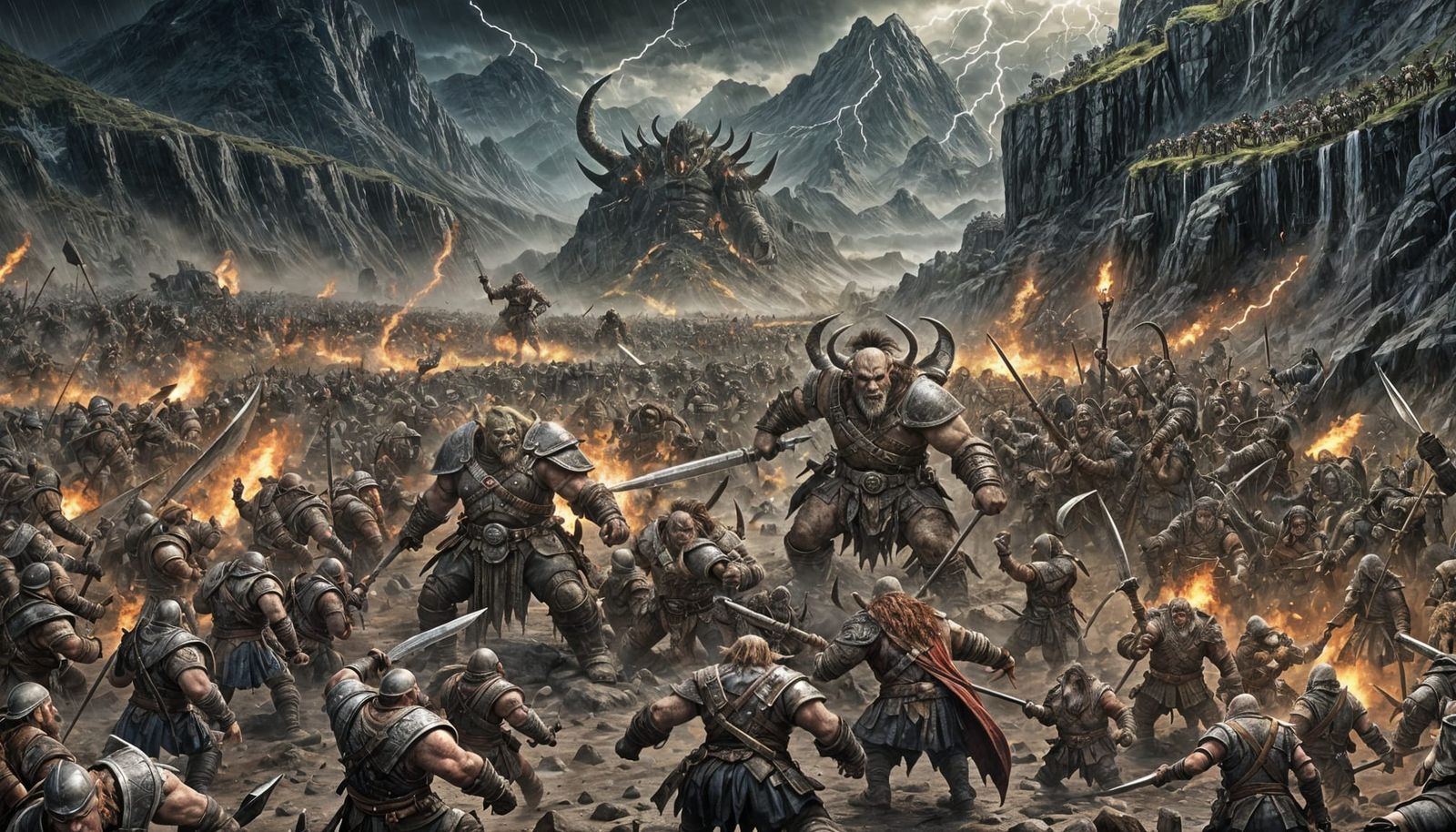 Epic Battle: Orcs vs Dwarves in Stormy Mountains