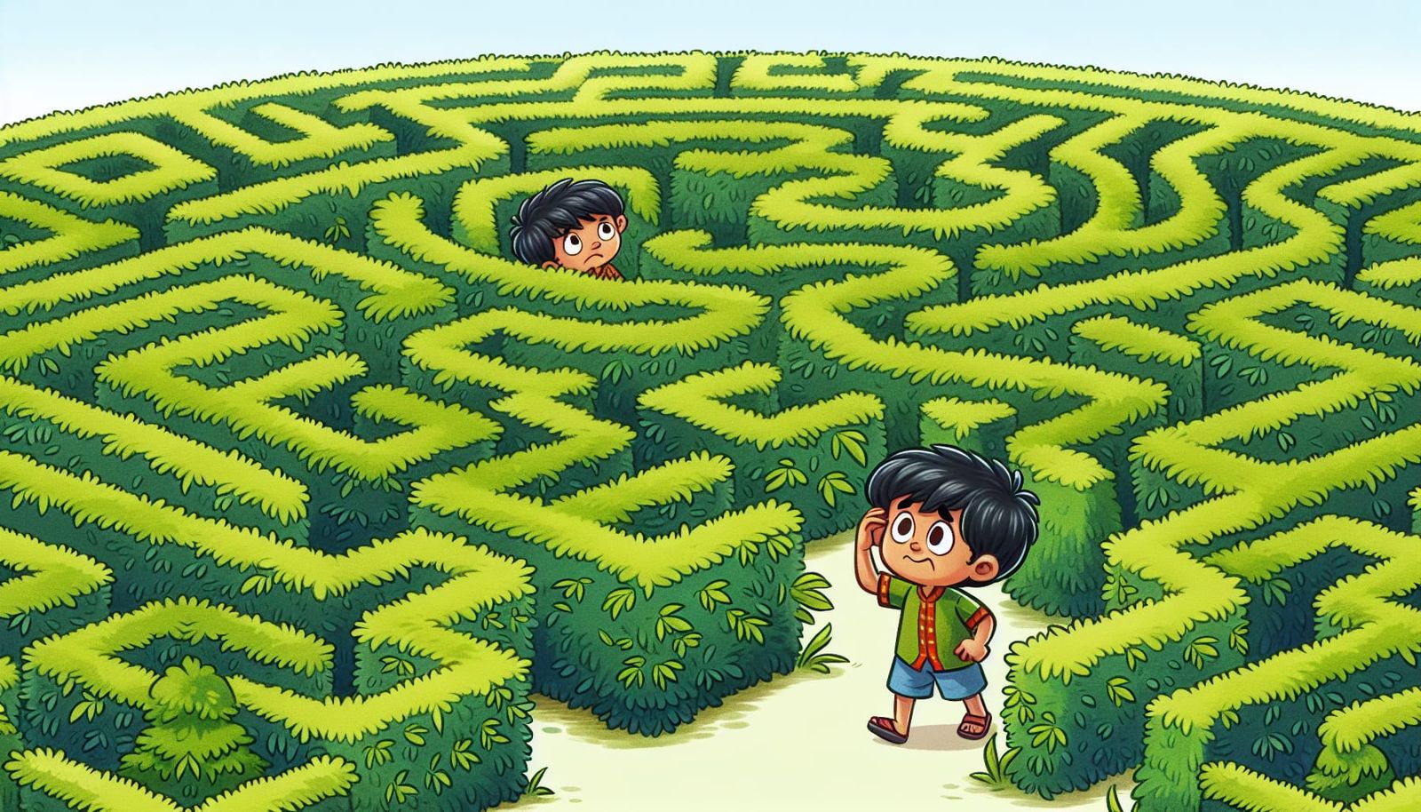 Confused Boy in Enormous Hedge Maze