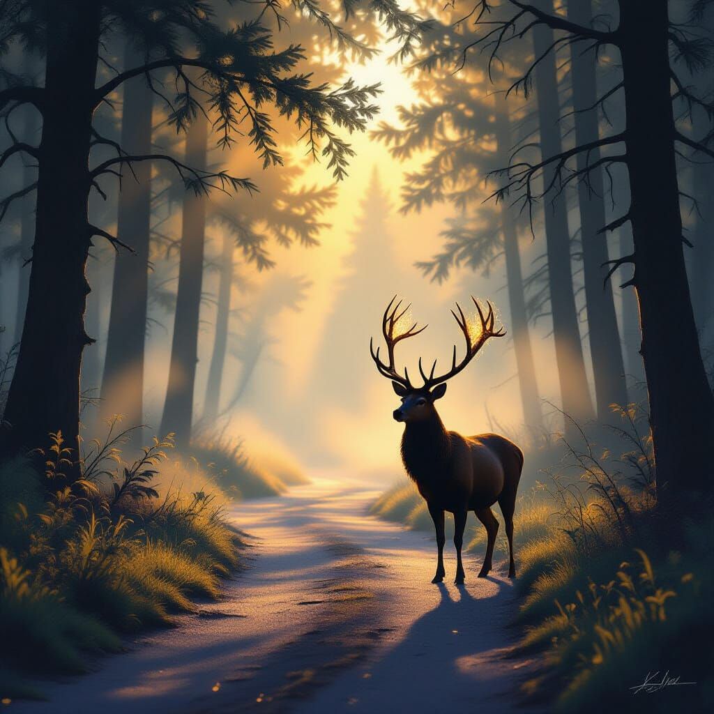 Majestic Stag on Forest Path with Golden Dust