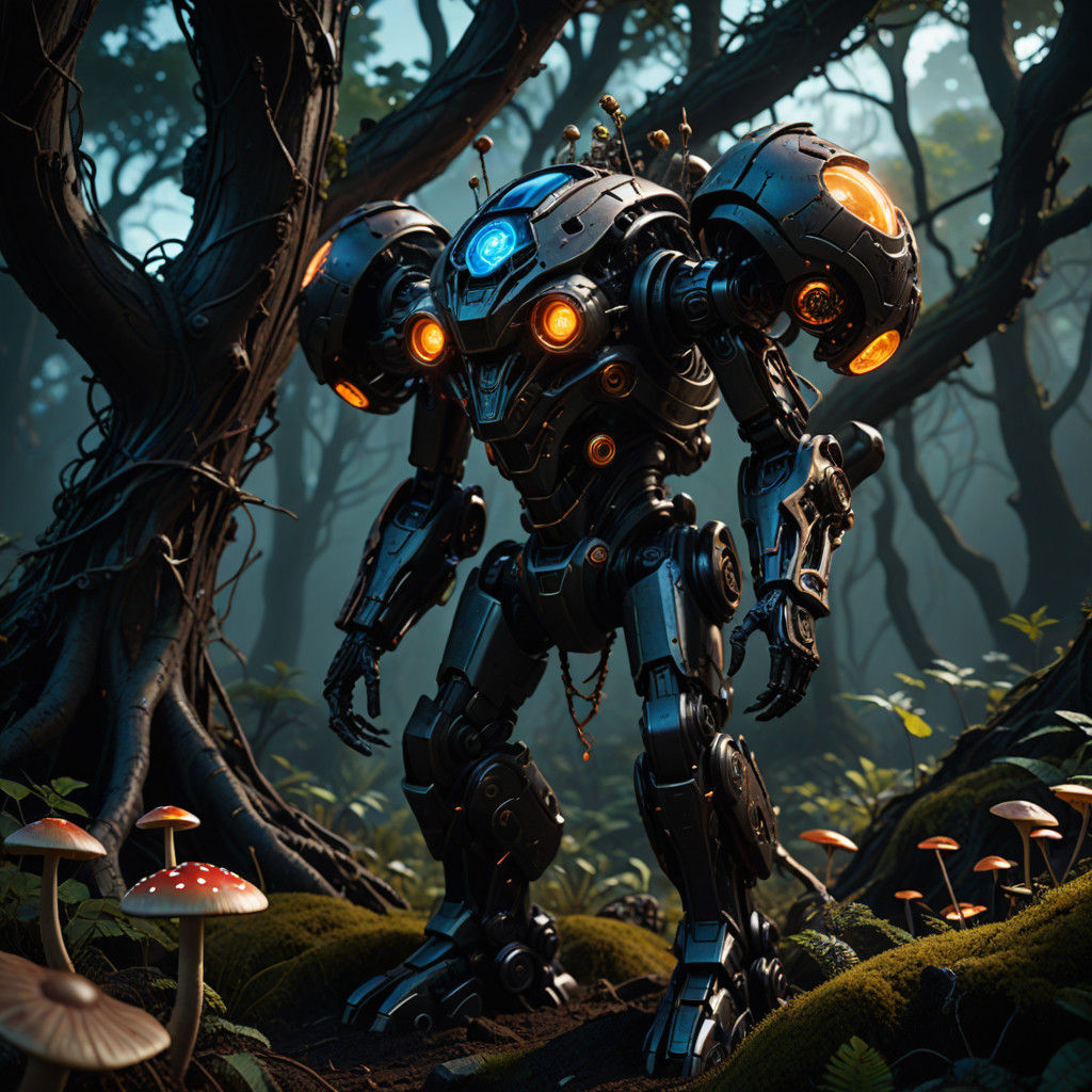 Gothic Fairy Tinkers with Steampunk Mech in Dark, Mystical F...