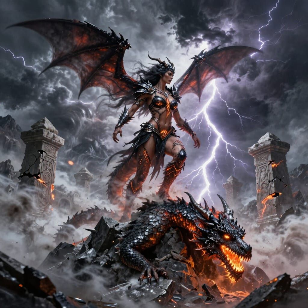 Dragon Valkyrie on Mountain Peak in Storm