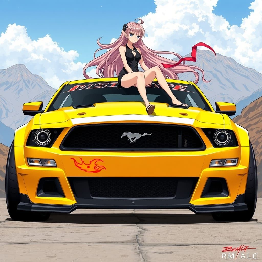 Modified Yellow Mustang with Anime Girl, Manga Art