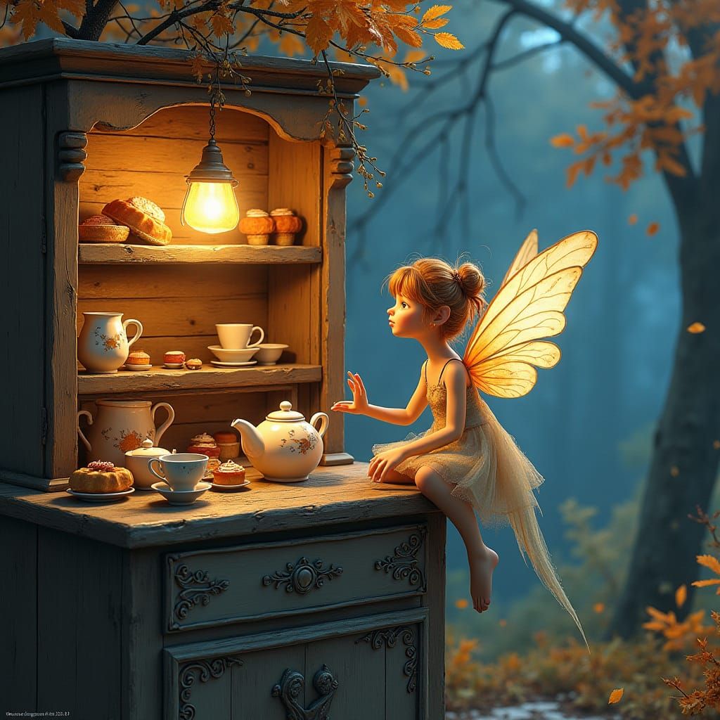Fairy Baking Tea in Autumnal Watercolor Landscape
