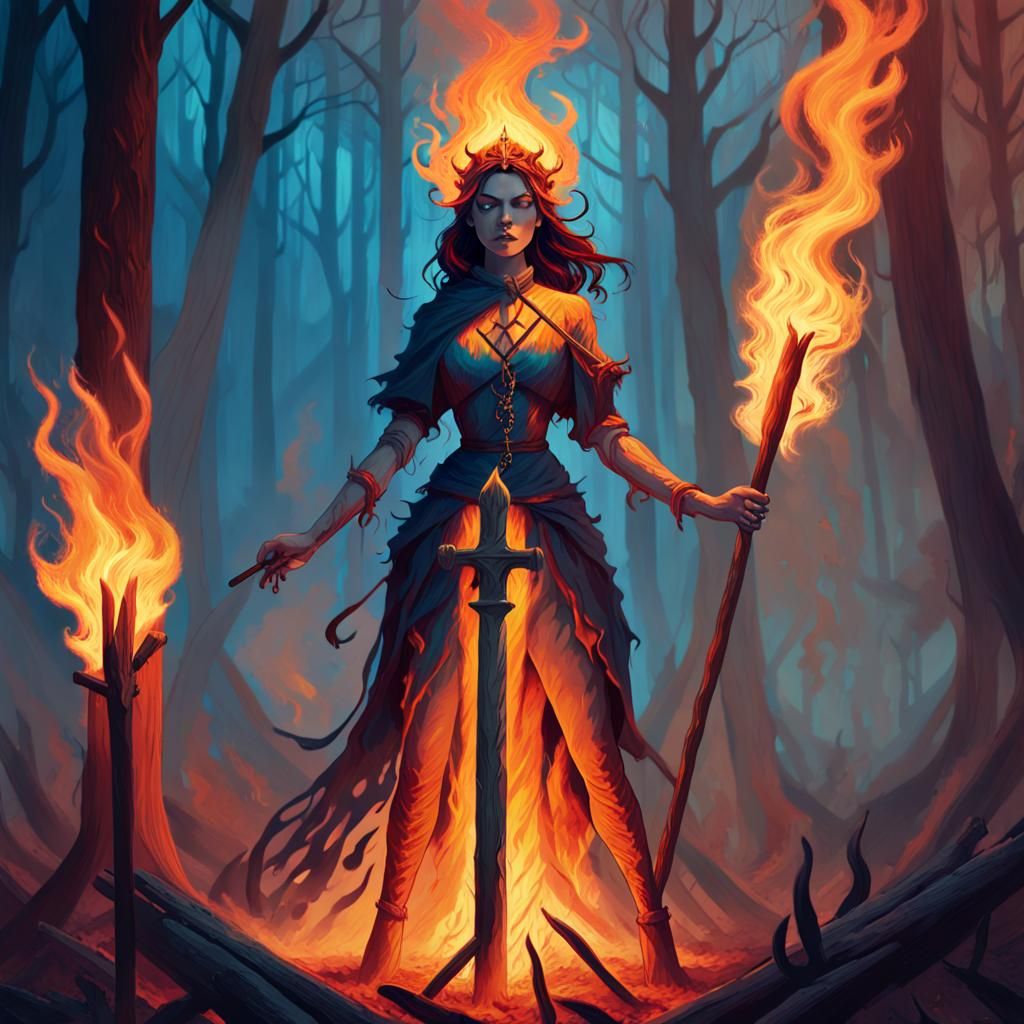 Fiery Forest: Dark Fantasy Woman Ablaze