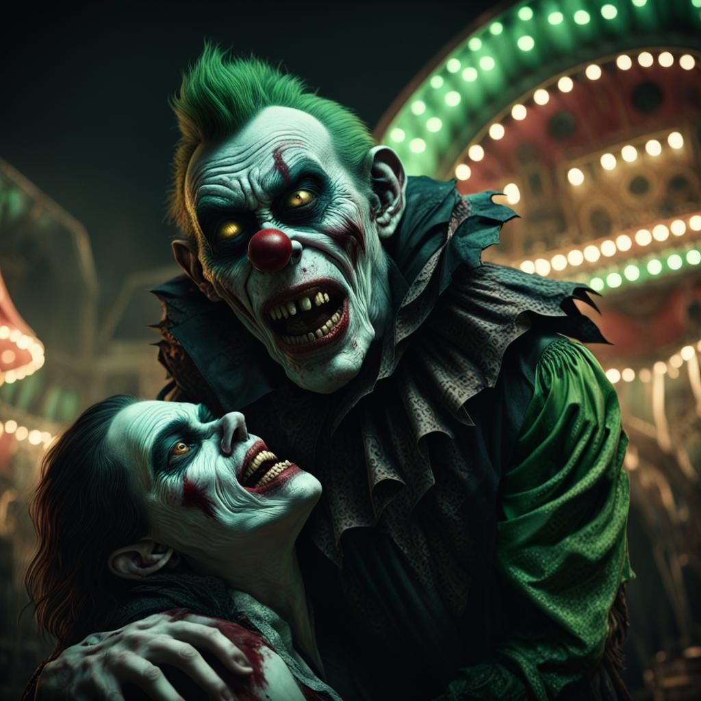 Zombie Clown in Abandoned Carnival: Dramatic Horror
