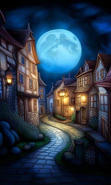 Fairytale Village Pencil Sketch Illustration at Midnight