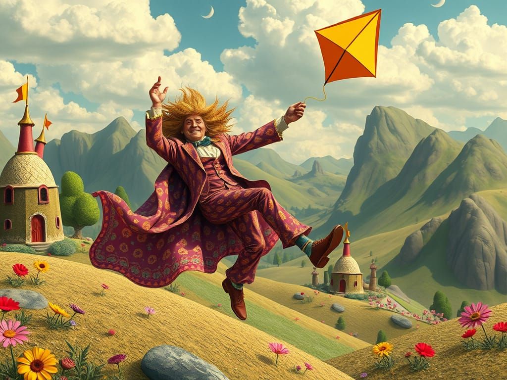 Whimsical Kite Flight in a Surreal Landscape