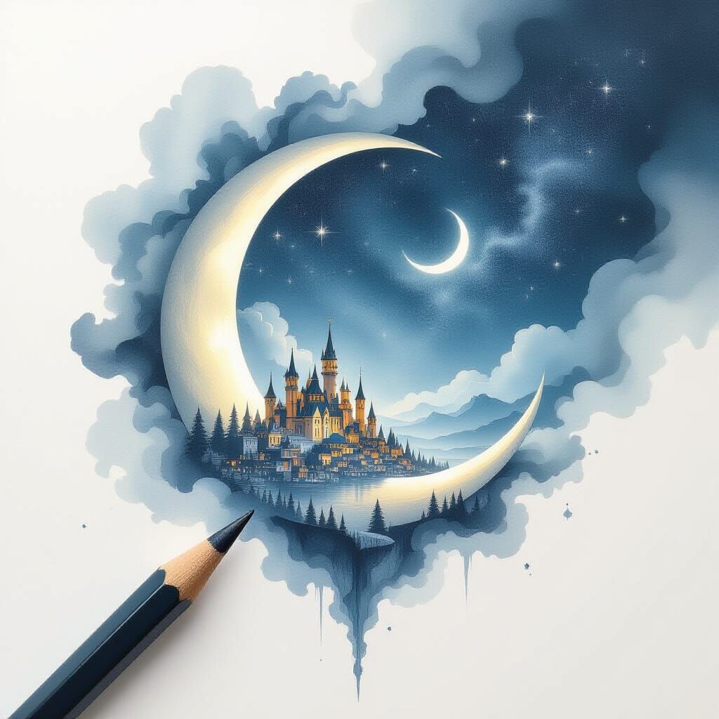 Pencil Tip Transforms Into Fantasy Town Under Ethereal Moon