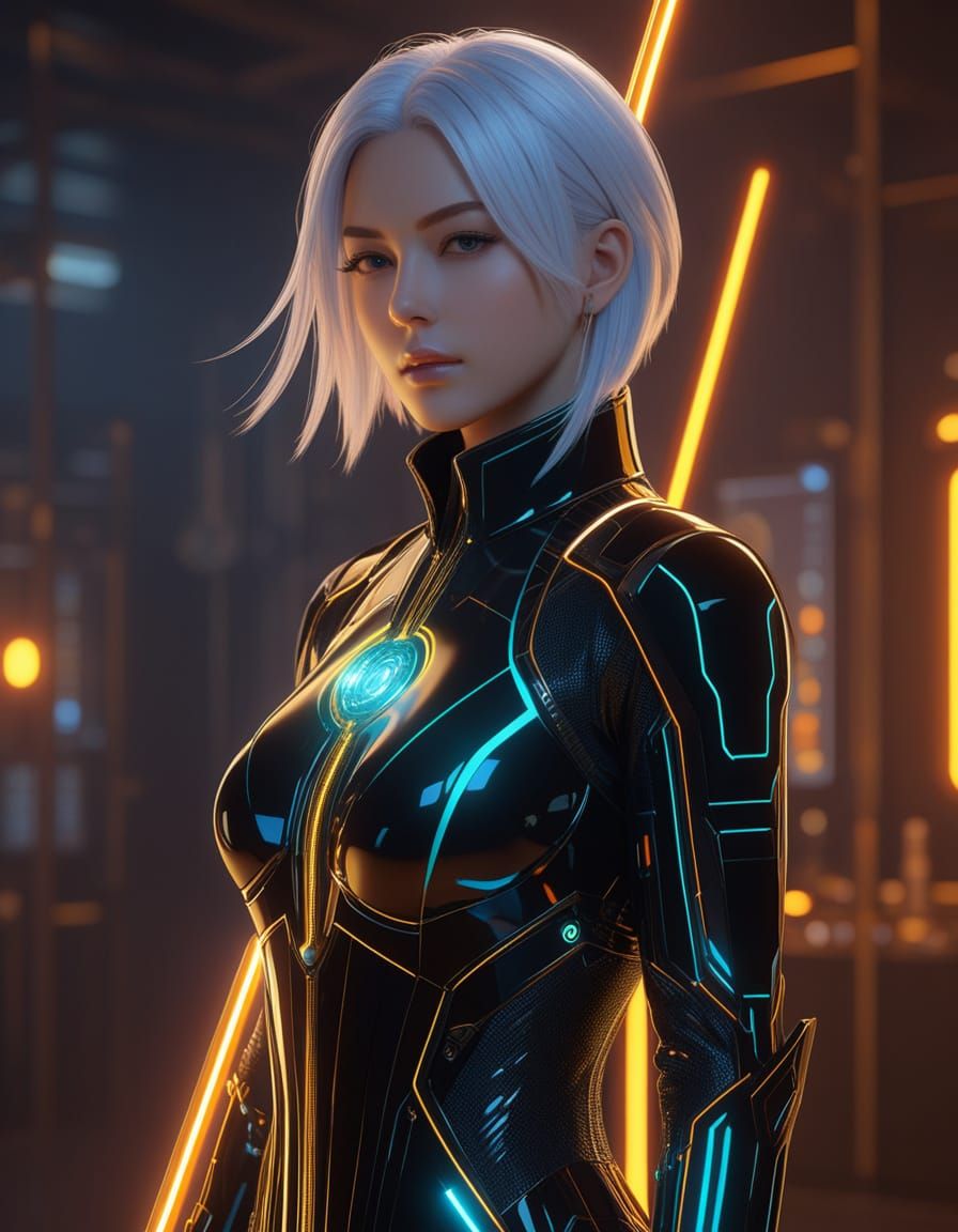 Futuristic Alchemist Woman with Energy Staff in 3D Anime Sty...