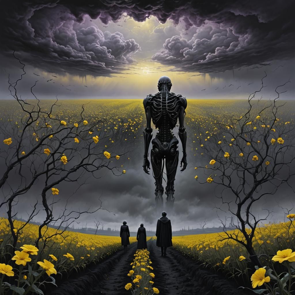 Figure Pulled into Surreal Flower Field