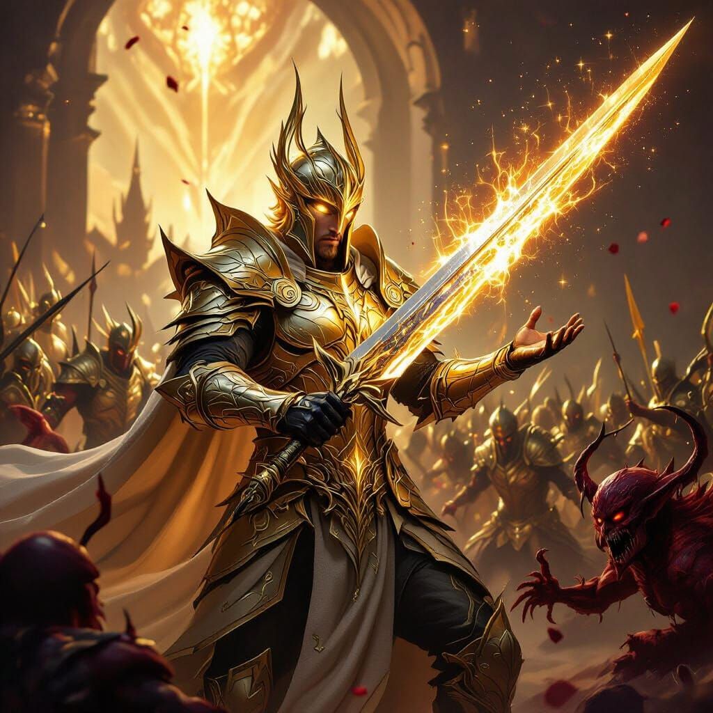 Golden Elven Warrior Battles Demons in Epic Fantasy Art