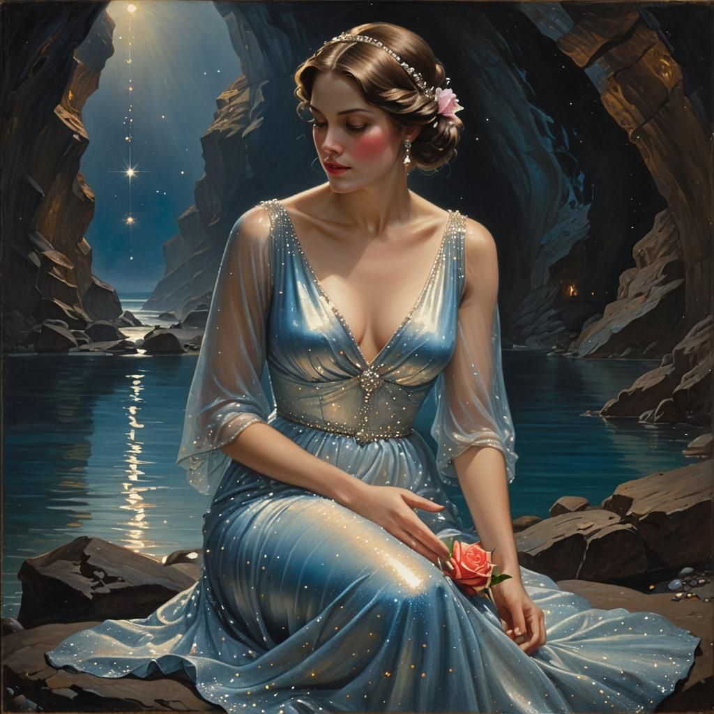 Woman with Rose in Grotto, Oil Painting Style